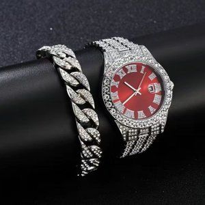 Hip Hop Iced Icy Bling Silver Plated Simulated Diamond Metal Band Luxury Watch